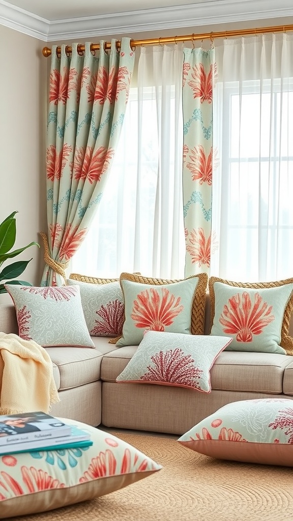 A living room with coral-patterned pillows and curtains, creating an ocean-inspired decor.