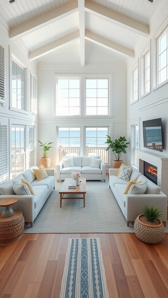 Bright and airy coastal living room with large windows and comfortable seating