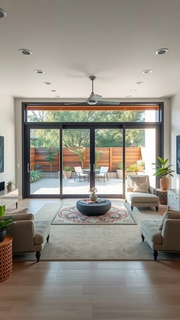 A modern living room with large glass doors leading to an outdoor patio. The space features light-colored sofas, a round coffee table, and potted plants.