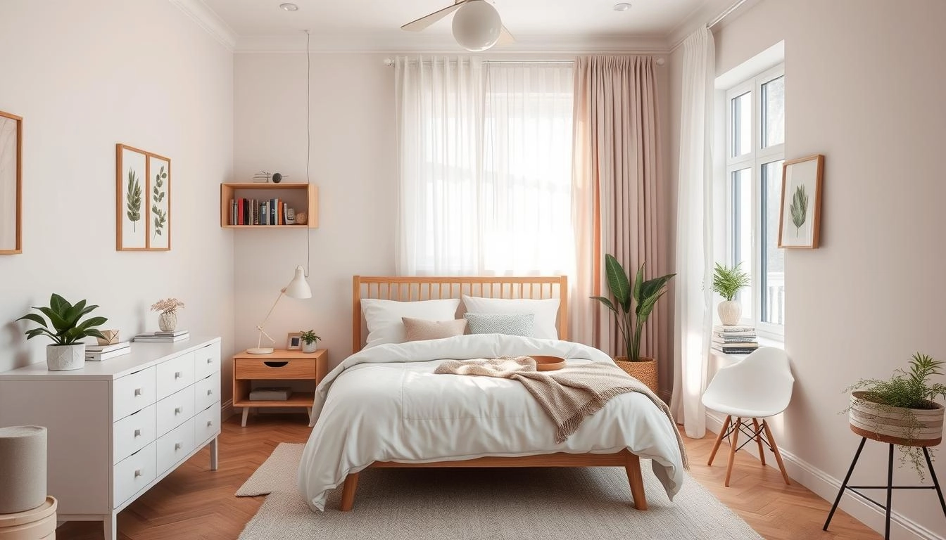 Serene, digital-free bedroom with pastel colors, minimalist furniture, cozy bed, wood accents, and plants. Natural light, curated books, and peaceful reading nook create a tranquil sanctuary.