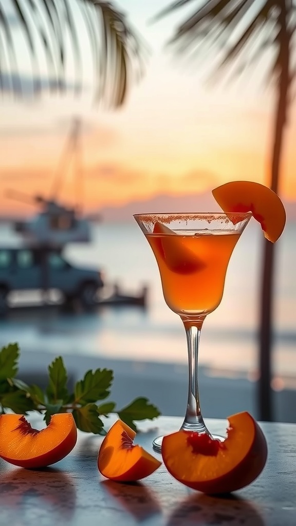 A peach-flavored cocktail served in a glass with peach slices on the rim, with a sunset view in the background.