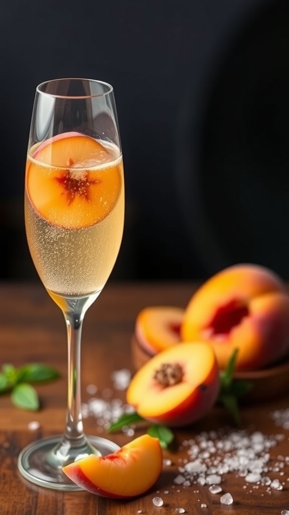 A refreshing Peachy Vodka Bellini cocktail in a stylish glass, garnished with a peach slice and mint.