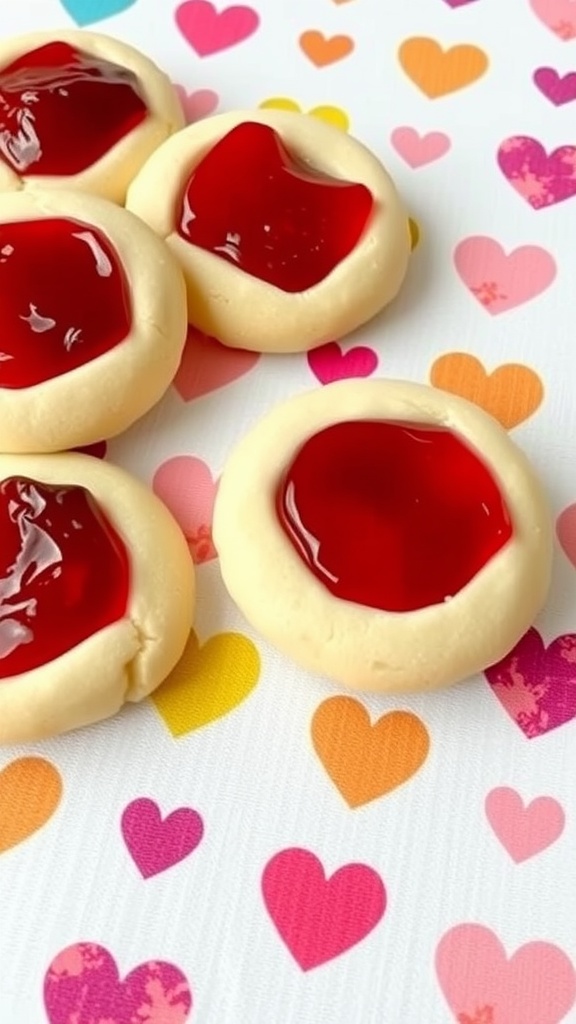 Delicious Peanut Butter and Jelly Thumbprint Cookies arranged on a colorful heart background.