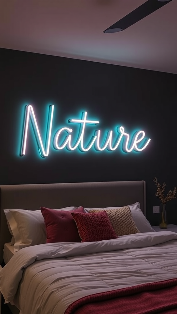 A cozy bedroom with a pink neon sign saying 'Cul tom' above the bed, which is adorned with matching pink bedding.