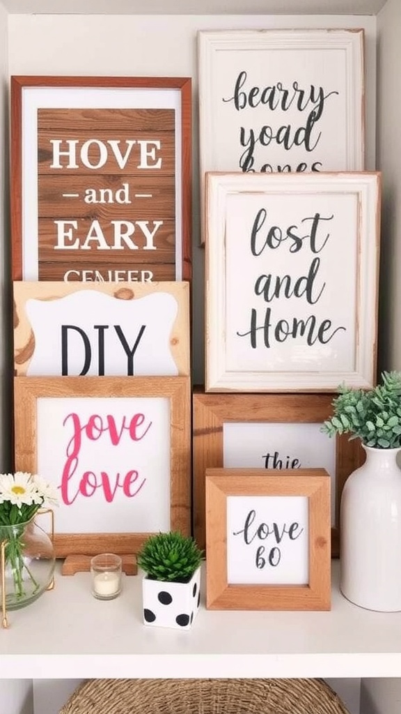 A display of personalized decor including framed signs with unique messages.