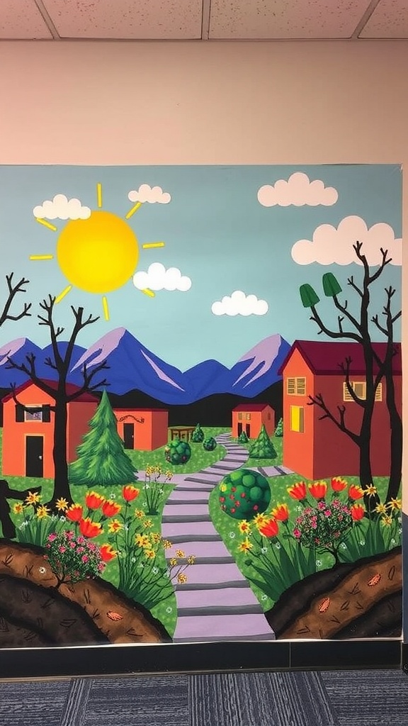 A colorful mural depicting a sunny landscape with houses, trees, and flowers.