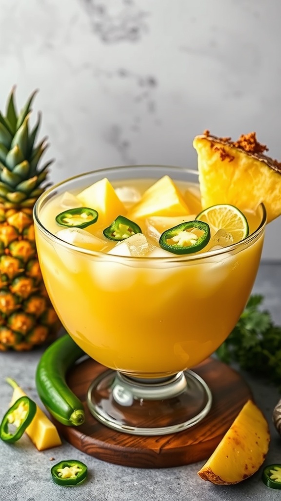 A refreshing Pineapple Jalapeño Tequila Punch garnished with jalapeño slices and pineapple