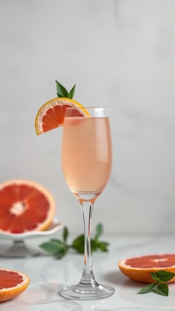 A refreshing Pink Grapefruit Vodka Spritz cocktail garnished with a slice of grapefruit and mint on a marble countertop.