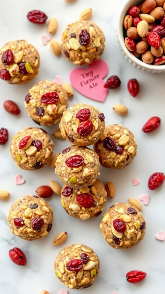 Pistachio and cranberry cookies arranged with nuts and pink hearts