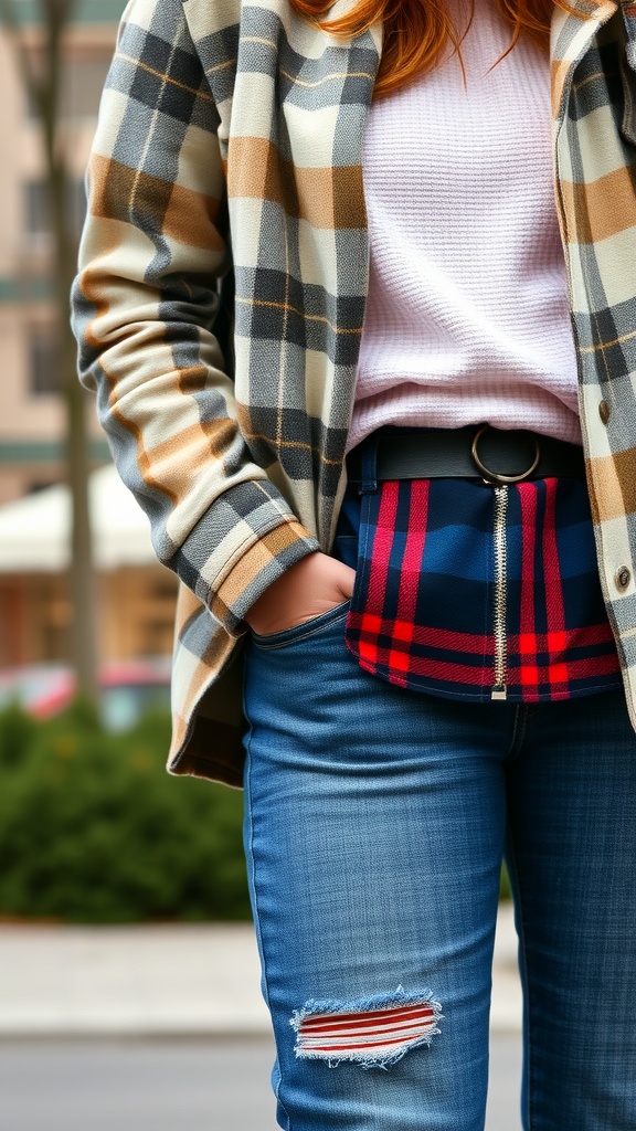 A woman wearing a plaid shirt layered over a pink sweater, paired with ripped jeans, looking stylish and warm.