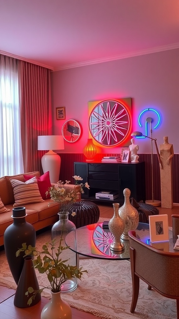 Vibrant neon living room with colorful decor and accessories.