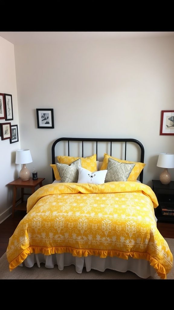 A vibrant yellow bedroom with patterned bedding and decorative pillows.