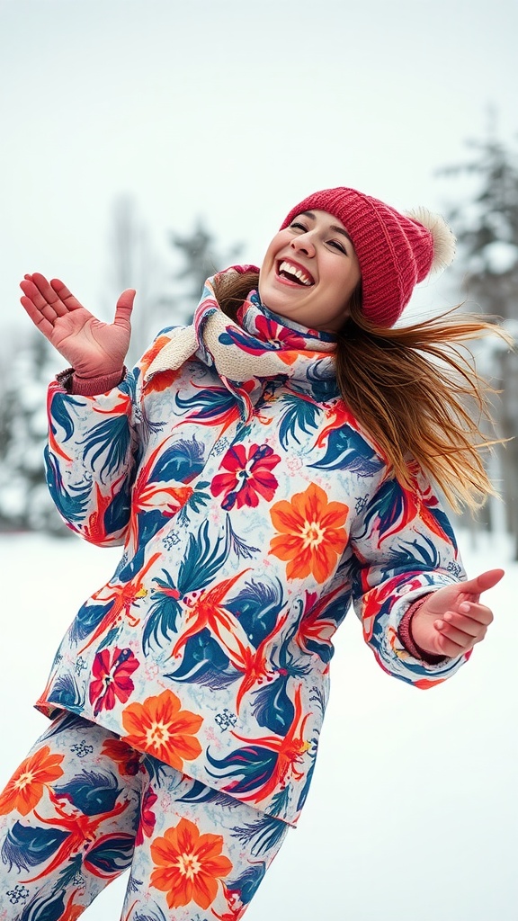 A woman in a vibrant floral winter outfit, smiling and enjoying the snow.