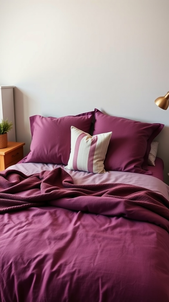 Cozy plum-colored bedding with pillows and a striped accent pillow on a bed.