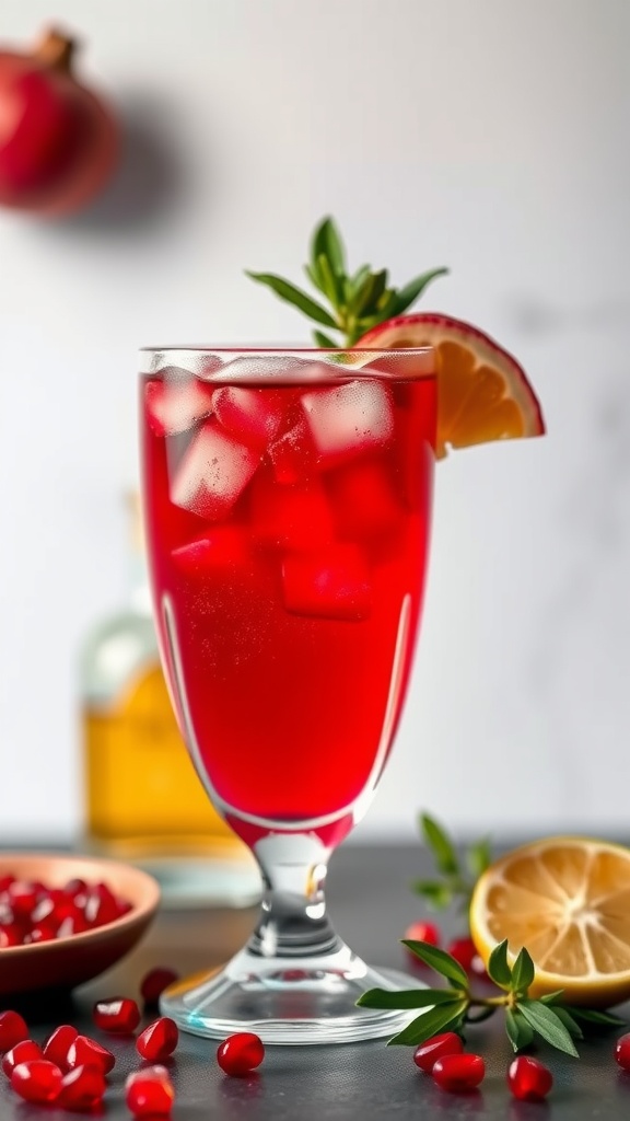 A vibrant red cocktail with ice, garnished with lemon and mint, set against a light background.