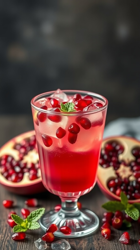 A refreshing pomegranate vodka cocktail garnished with mint and pomegranate seeds