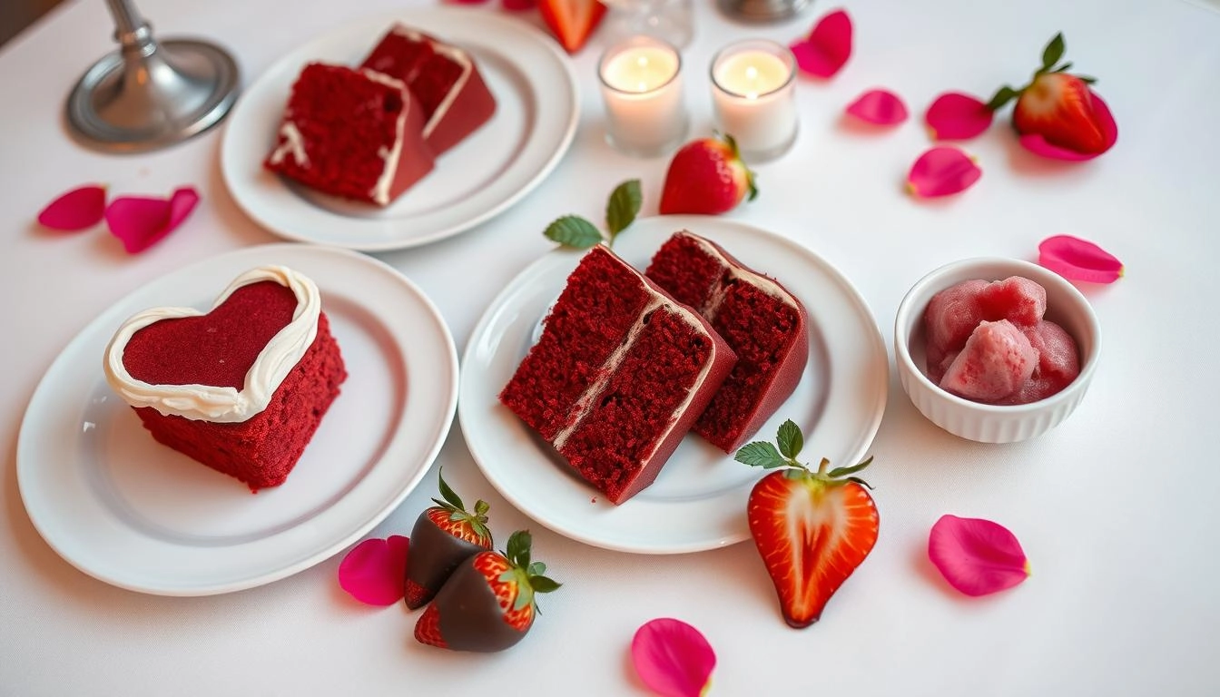 Romantic Valentine's dessert setting: Red velvet cake slices, chocolate-dipped strawberries, raspberry sorbet on candlelit table with rose petals.