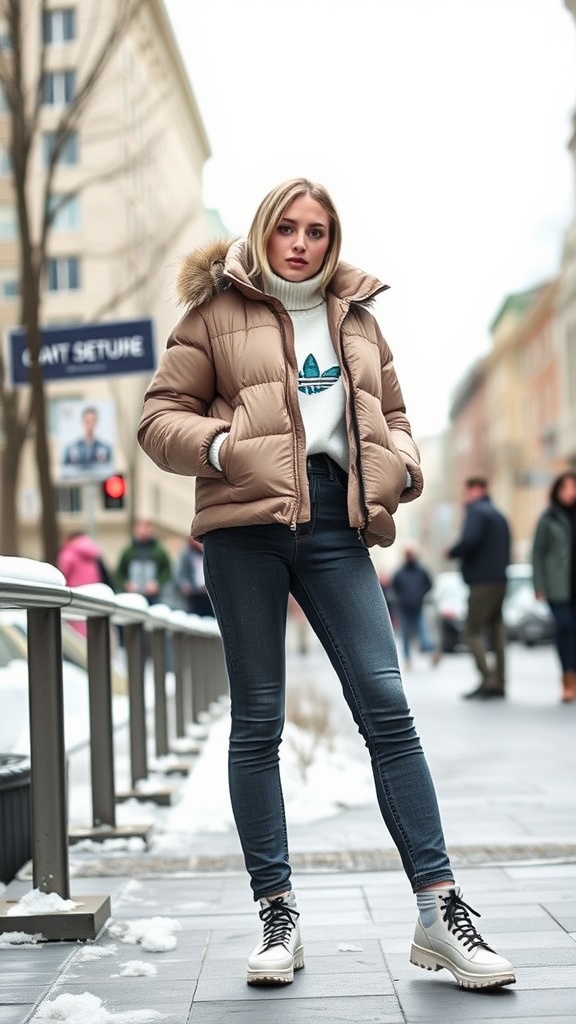 A young woman wearing a light brown puffer jacket, high-waisted jeans, and knee-high boots, standing on a snowy street