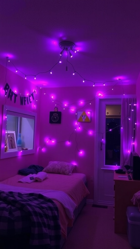 A Purple Dorm Room Ideas decorated with purple fairy lights creating a cozy atmosphere.