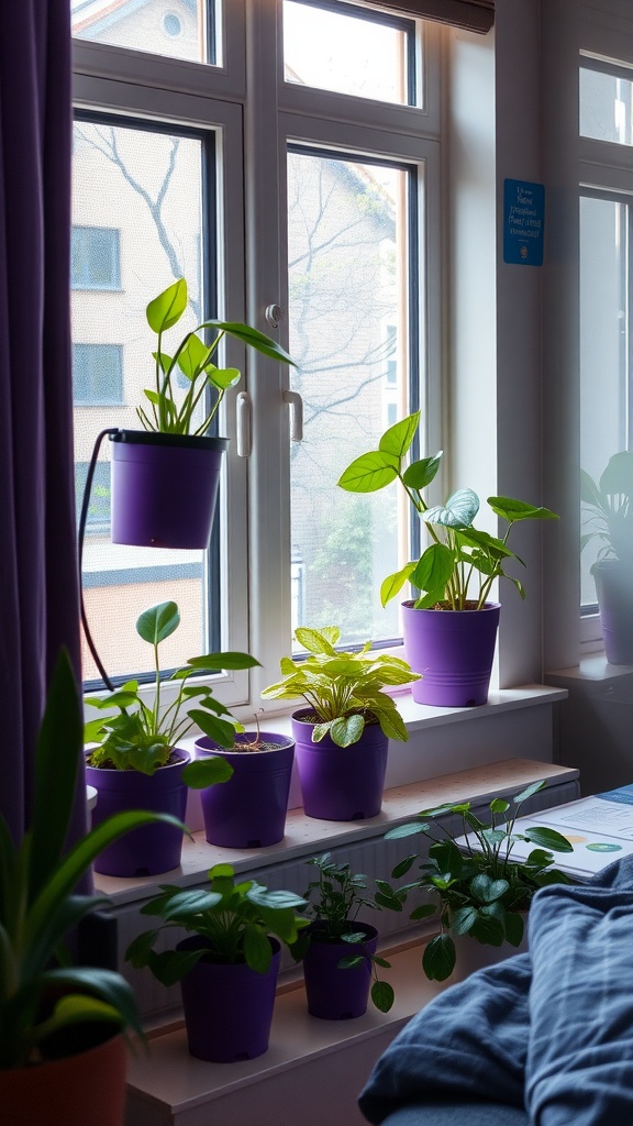 A collection of indoor plants in purple pots on a windowsill, brightening up a dorm room