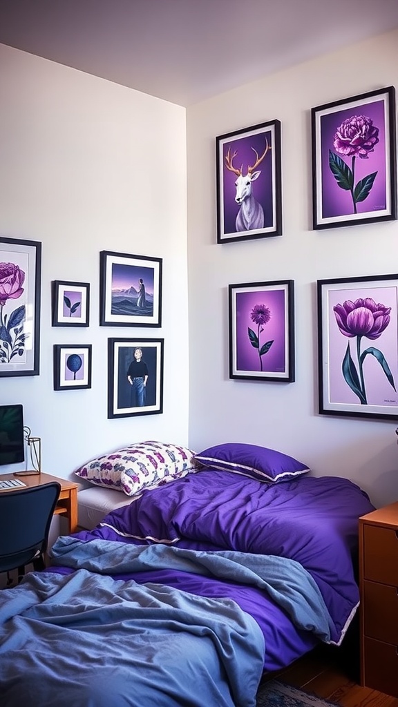 A cozy dorm room with purple-themed artwork on the walls and matching bedding.