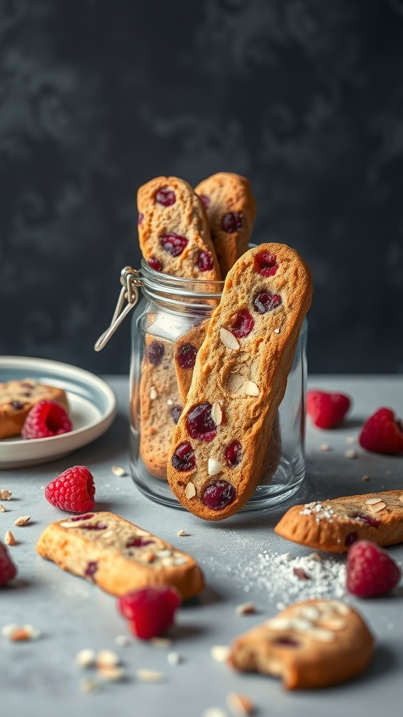 A jar filled with raspberry almond biscotti, surrounded by fresh raspberries and almond slices.