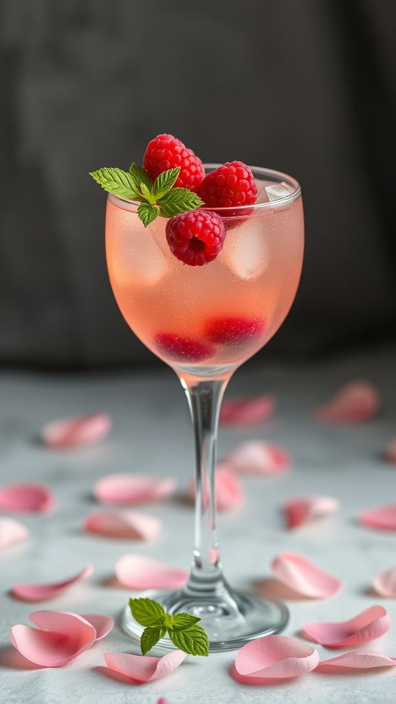 A Raspberry Tequila Fizz cocktail served in an elegant glass, garnished with fresh raspberries and mint, surrounded by pink rose petals.