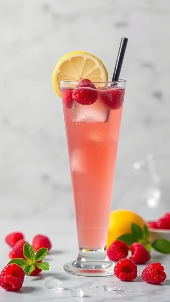 A refreshing Raspberry Vodka Lemonade cocktail with ice and garnishes.