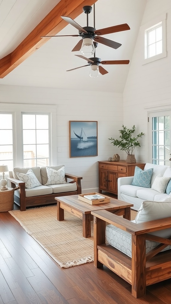 Living room with reclaimed wood furniture, coastal decor, and natural light.