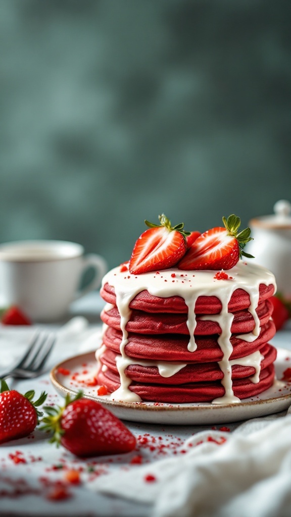 A stack of red velvet pancakes topped with cream cheese frosting and strawberries.