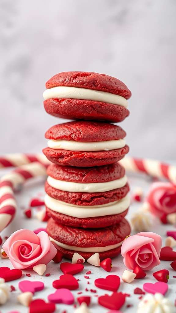 Stack of red velvet whoopie pies with cream cheese filling, surrounded by decorative hearts and roses.