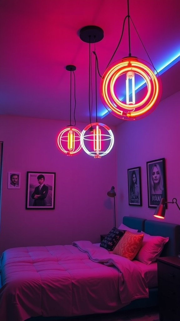 A cozy bedroom featuring neon lighting with a sign that reads 'Alovee', pink walls, and a mix of vintage and modern light fixtures.