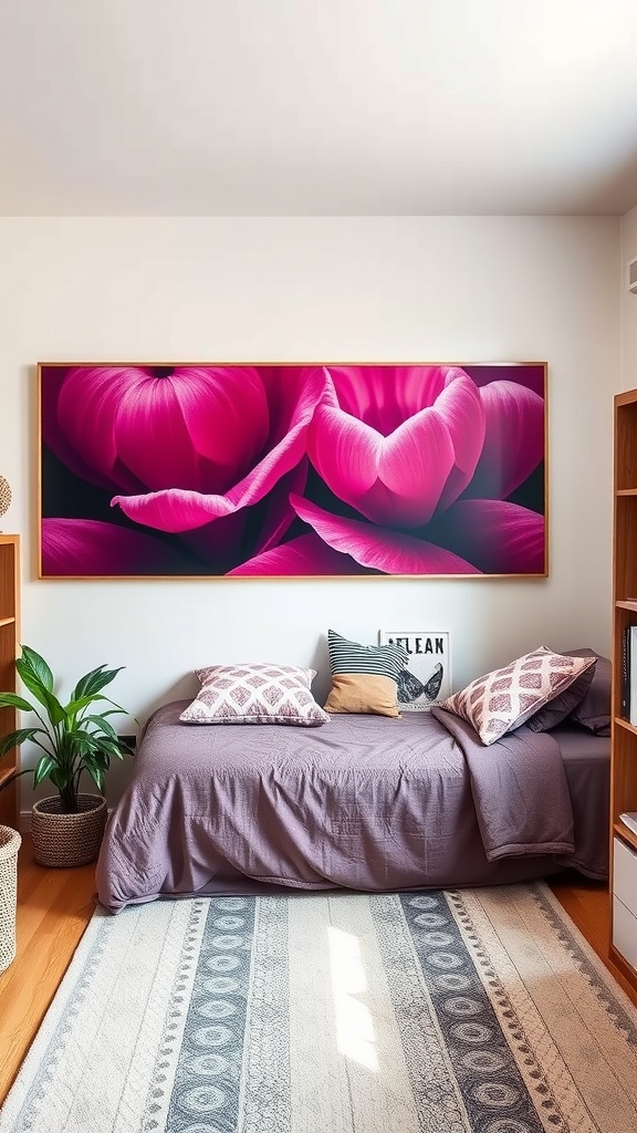 A dorm room featuring rich plum wall art with pink flowers, a plum bedspread, and a cozy atmosphere.