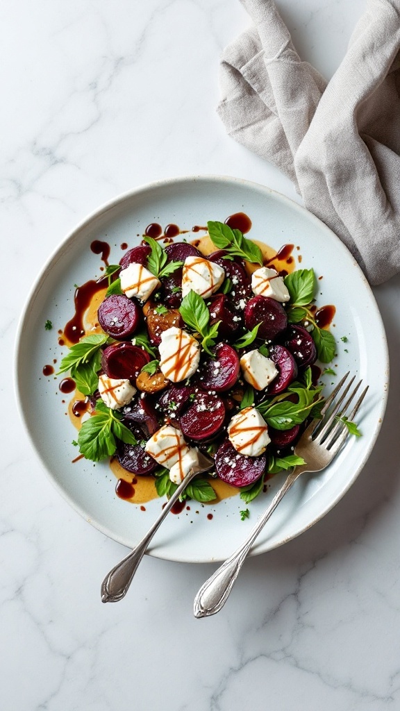 A beautiful roasted beet and goat cheese salad on a plate.