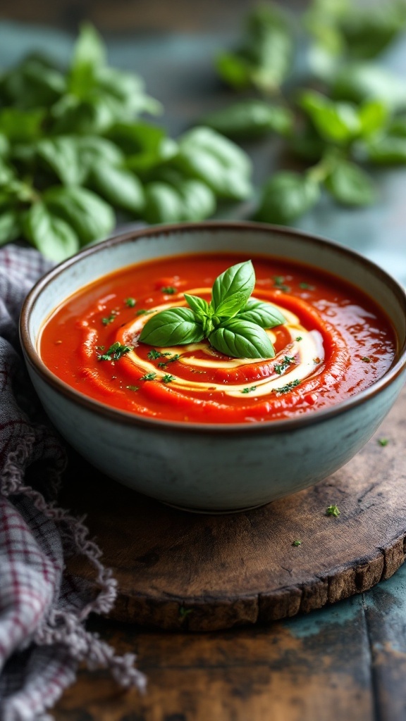 A bowl of Roasted Red Pepper and Tomato Soup topped with fresh basil.