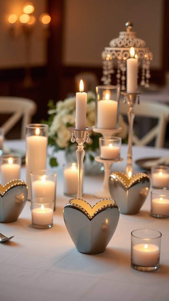 Table with romantic candle arrangements including heart-shaped holders and various candles.