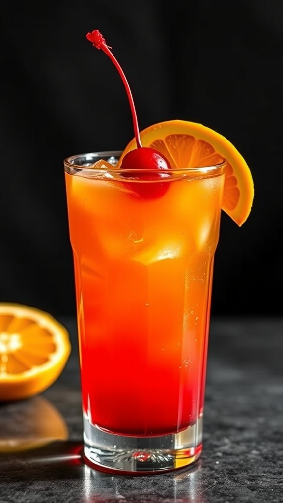 A colorful Tequila Sunrise cocktail with a cherry and orange slice garnish