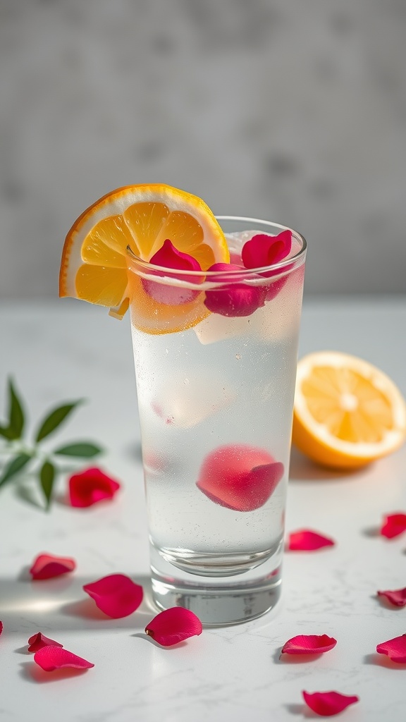 A refreshing Rose Petal Tequila Cooler in a glass, decorated with lemon slices and rose petals.