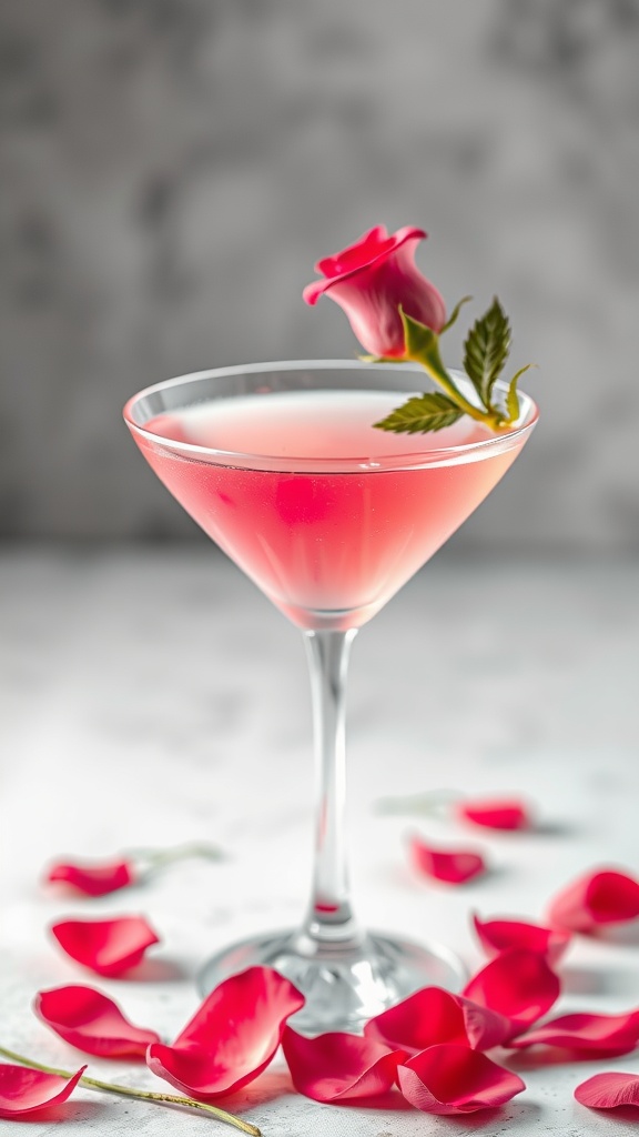 A pink Rose Petal Vodka Martini garnished with a rose, surrounded by rose petals.