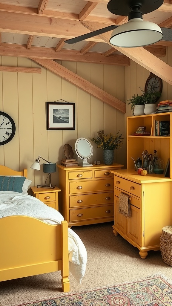 Cozy rustic yellow bedroom with wooden furniture and soft textiles.