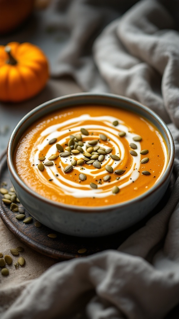 A bowl of pumpkin soup topped with cream and seeds, surrounded by fall decor.