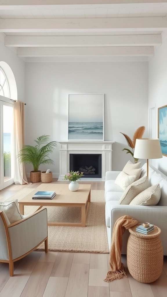 A bright and airy coastal decor living room with soft blue and neutral tones, featuring a white sofa, wooden coffee table, and coastal artwork.