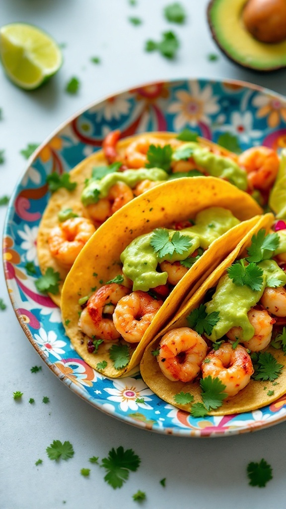 Three shrimp tacos on a colorful plate with avocado lime sauce and cilantro.