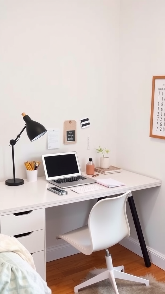 A sleek study desk in a luxury dorm room with a laptop, stationery, and inspiring quotes on the wall.