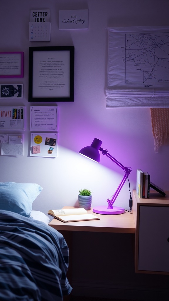 A sleek violet desk lamp illuminating a wooden desk with a book and a small plant, beside a bed with blue bedding.