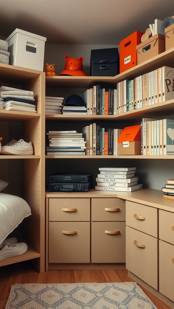 A neatly organized dorm room showcasing bookshelves, storage boxes, and drawers for effective clutter management.