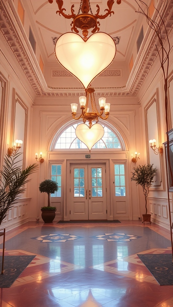 A hallway with heart-shaped light fixtures casting a warm glow.