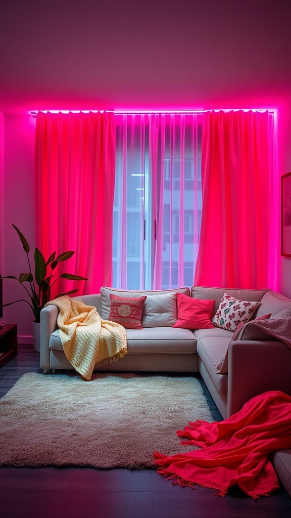 A vibrant living room with neon accents in textiles, showcasing colorful throws and pillows.