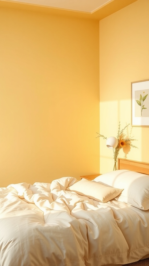 A serene Bright Yellow Bedroom Ideas with soft bedding and warm sunlight.