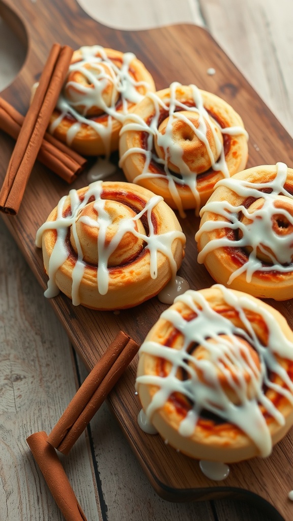 Spiced cinnamon roll cookies with icing and cinnamon sticks